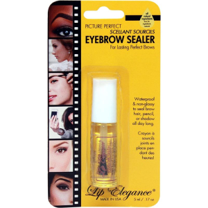 Retail packaging for Eyebrow Sealer, a waterproof brow sealer in a small bottle, mounted on a bright yellow card with a film-strip of model close-ups along the left edge.