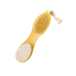Wooden body brush with natural bristles and a rope hanging loop for exfoliating the skin.